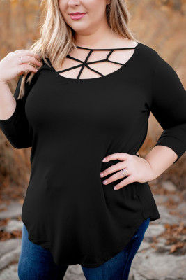 Black 3/4 Sleeve Cut out Neckline Plus Size Top