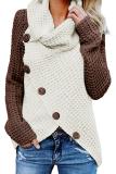 Brown Button Turtle Cowl Neck Asymmetric Hem Wrap Pullover Sweater