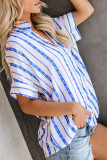 V Neck Stripes Roll up Sleeve Button Down Shirt