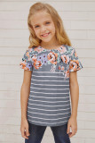 Gray Round Neck Floral Striped Print Kid's Tee