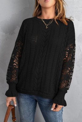 Black Crochet Lace Pointelle Knit Sweater