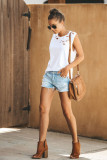 Broken Hole Detail Sleeveless Crew Neck White Tank Top