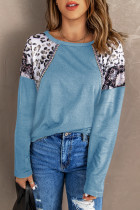Sky Blue Long Sleeve Top With Leopard Snakeskin Print