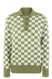 Plaid Checked Turndown Collar Button Sweater