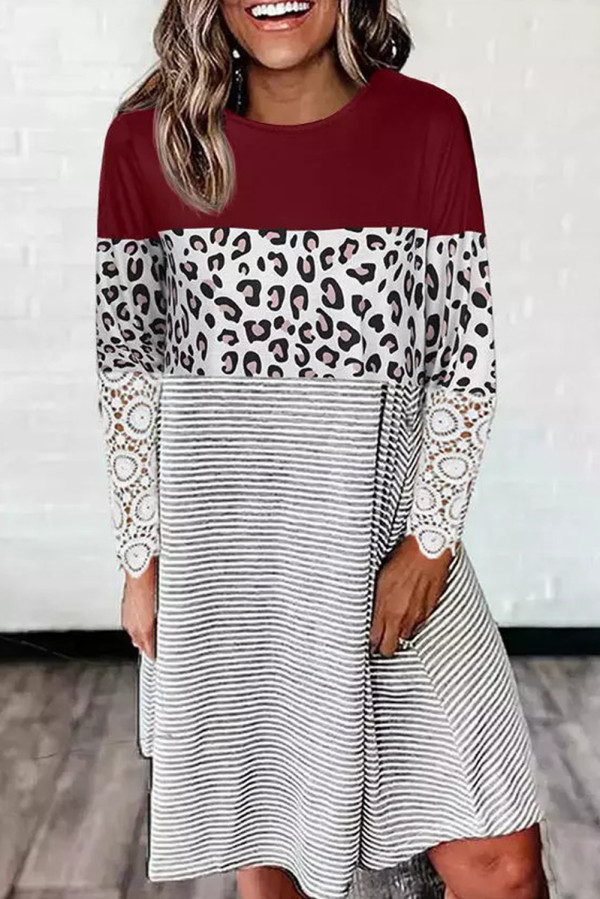 Wine Red Striped Leopard Patchwork Lace T Shirt Dress