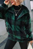 Green Plaid Stand Collar Open Zipper Pockets Fluffy Coat