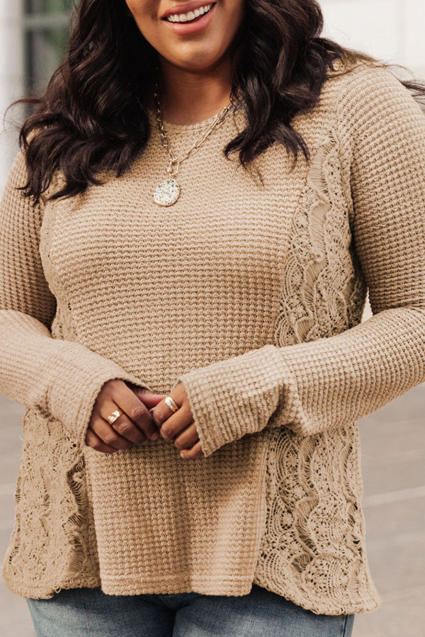 Khaki Plus Size Lace Waffle Knit Top