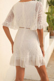 White V Neck Flare Sleeves Lace Mini Dress