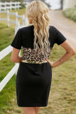 Leopard Sequin Patchwork Criss Cross V Neck Shift Mini Dress