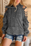 Gray Cut Out Retro Kangaroo Pocketed Pullover Hoodie