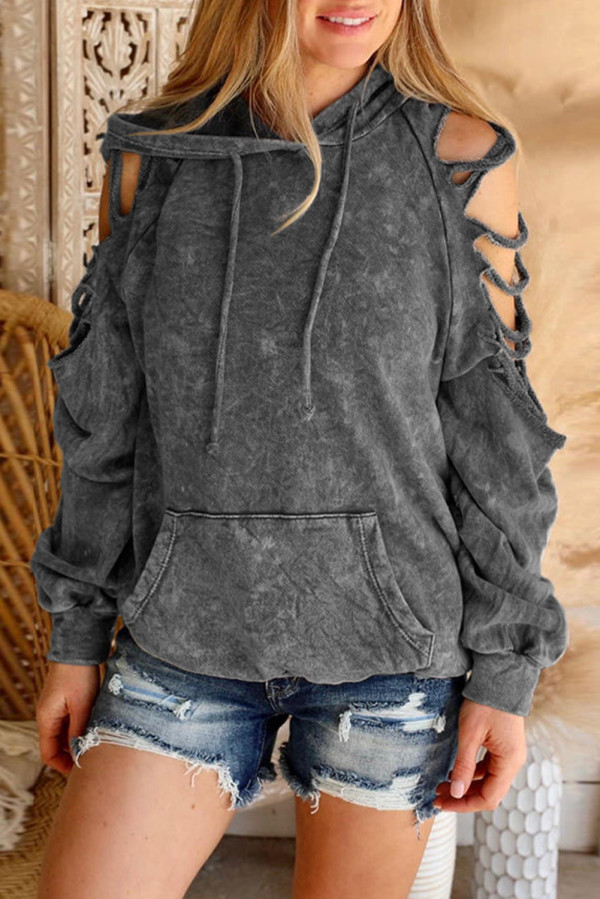 Gray Cut Out Retro Kangaroo Pocketed Pullover Hoodie