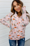 Apricot Half Zipper Kangaroo Pocket Graphic Print Hoodie
