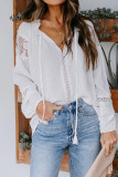 White V Neck Lantern Sleeve Lace Hollow Out Long Sleeve Top