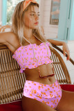 Pink Floral Print Crop Top Bikini Set