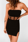Black Polka Dot Mesh Patchwork Split Bandeau Bodycon Mini Dress