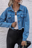 Blue Open Front Button Pocket Short Length Denim Jackets