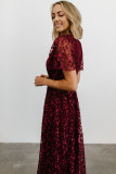 Burgundy Embossed Wrap V Neck Maxi Dress