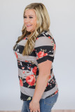 Gray Plus Size Striped Floral Short Sleeve Top