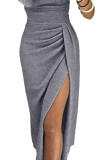 Gray Metallic Glitter Off Shoulder Formal Dress