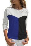 Blue Color Block Splicing O-Neck Blouse