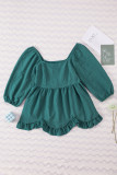 Green Ruffled Smocked 3/4 Sleeve Square Neck Blouse