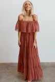 Rust Red Off Shoulder Ruffle Swiss Dot Maxi Dress
