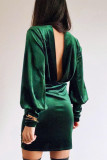 Green Mock Neck Long Sleeve Ruched Velvet Mini Dress with Hollow-out Back
