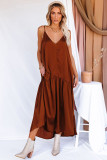 Brown Spaghetti Strap Ruffled Satin Maxi Dress