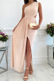 Apricot Pleated One-Shoulder Slit Maxi Evening Dress