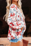 Split Neck Bubble Sleeve Floral Patchwork Blouse