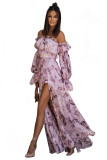 Purple Off Shoulder Side Slit Maxi Floral Dress