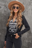 Black Split Neck Letter Print Pullover Long Sleeve Top