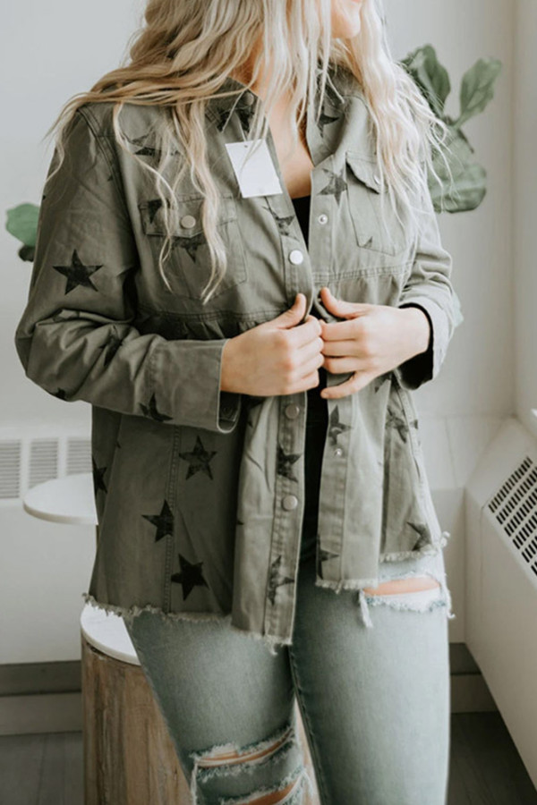 Stars Print Raw Hem Ripped Denim Jacket with Pockets Shacket UNISHE Wholesale