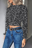 Spot Print Ruffle Neck Back Hollow Out Long Sleeves Crop Top