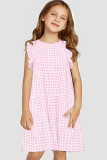 Pink Girl's Plaid Print Ruffled Sleeveless Shift Mini Dress