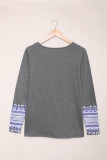 Gray Aztec Patch Button V Neck Blouse