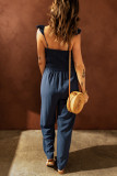 Blue Flutter Sleeve Smocked Wide Leg Jumpsuit