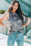 Gray Tie Dye Print Seamed Crew Neck Tank Top