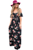 Black Cold Shoulder High Waist Floral Dress with Belt