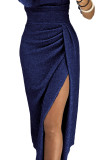 Navy Metallic Glitter Off Shoulder Formal Dress