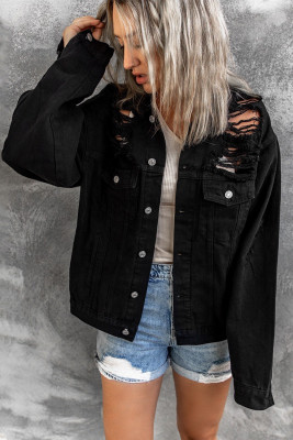 Black Distressed Buttons Chest Pockets Denim Jacket