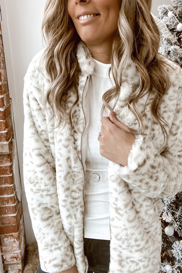 White Leopard Print Zipper Plush Coat
