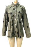 Stars Print Raw Hem Ripped Denim Jacket with Pockets Shacket UNISHE Wholesale