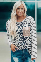 Sequin Pocket Black Leopard Panel Striped Sleeve Top