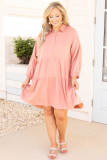 Pink Plus Size Shirt Buttoned Style Puff Sleeve Dress