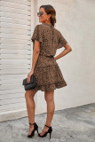 Leopard Cheetah Print Split Neck Flutter Sleeve Flowy Tunic Mini Dress