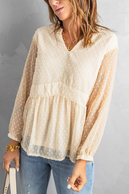 Beige V Neck Dotted Baby-doll Long Sleeve Top