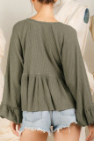 Puff Sleeve Ribbed Knitting Henley Top