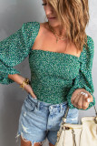 Green Square Neck Puff Sleeve Floral Smocked Top