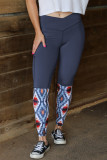 Gray Crossover High Waist Aztec Print Patchwork Yoga Leggings